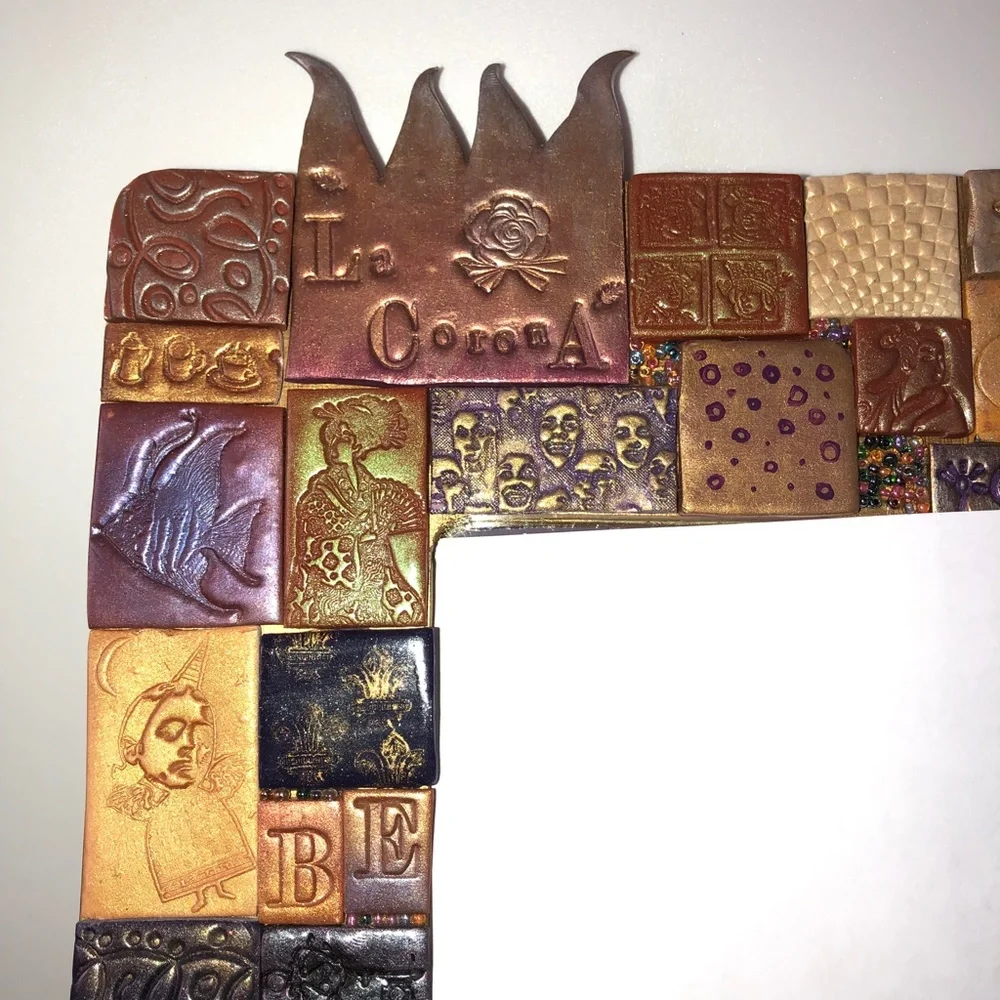 LA CORONA MIRROR Handmade Decorative Mixed Media Mosaic Tile Purple Terra Cotta